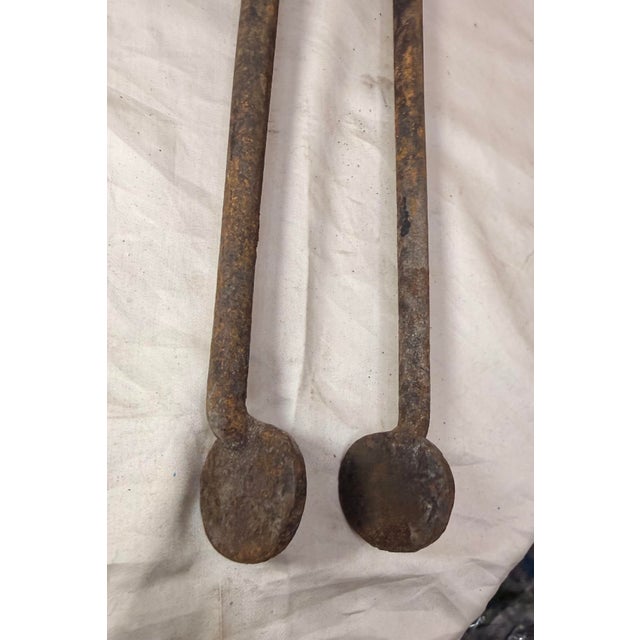 Antique 18th Century Wrought Iron Turned Brass English Fireplace Tongs Tool 10 For Sale - Image 9 of 11