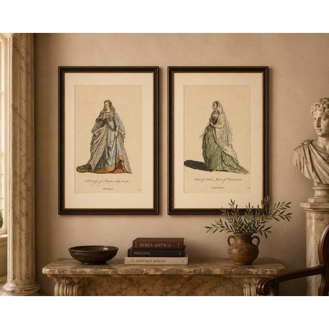 Roman Noblewomen Costume Engravings, Hand-Colored Pair, Rome 1581 This elegant pair of mid-18th century hand-colored...