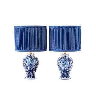 Royal Delft Blue Louis XV Table Lamps, New Pleated Lampshades, Set of 2
