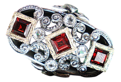 Gold and Silver Ring with Inlaid Zirconias and Calibrated Garnets