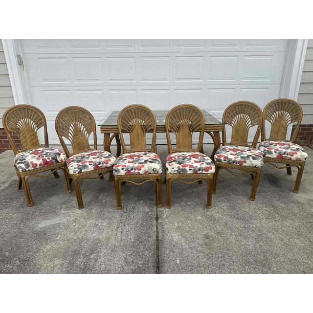 Wood Vintage Wicker & Rattan Dining Set With Glass Top Table and 6 Upholstered Cane Chairs For Sale - Image 7 of 13