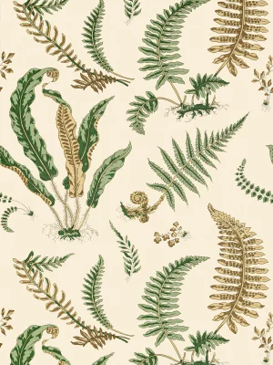The House of Scalamandré Elsie De Wolfe Wallcovering, Greens on Off-white