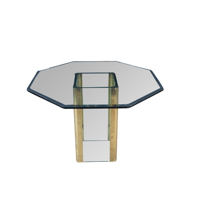 Hollis Jones Style Hollywood Regency Table, circa 1980s. Features a thick octagonal beveled glass top over a square...