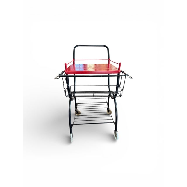 1960s Modernist Red & Black All-Metal Bar Cart With Removable Basket For Sale In Columbus - Image 6 of 9