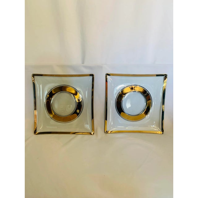 Sleek Mid Century Gold Leaf Glass Trays With Elevated Center ~ This glamorous pair of Mid-Century Modern cocktail/serving...