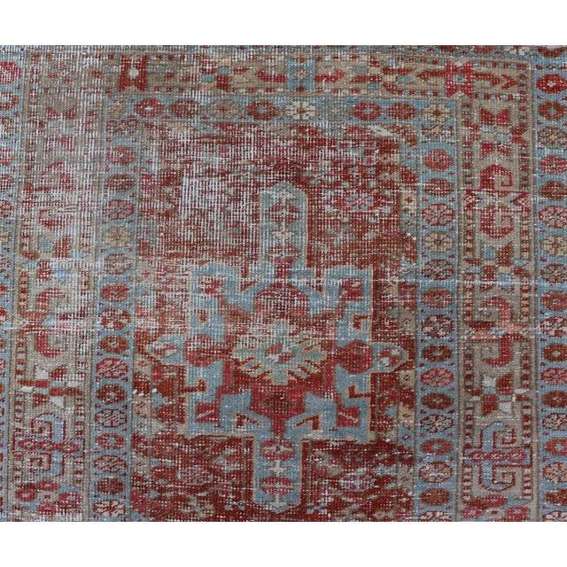 Sky Blue Antique Persian Heriz Runner With Geometric Design in Soft Red and Sky Blue 2'10 X 10'1 For Sale - Image 8 of 13