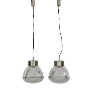 Italian Metal Glass Pendant Lamps attributed to Tito Agnoli for Oluce, 1950s, Set of 2 For Sale