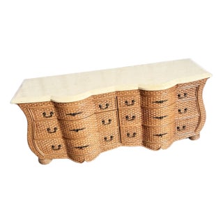 Vintage Boho Chic Tessellated Stone Top Wicker Dresser by Whitecraft For Sale