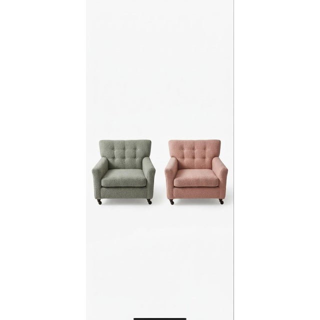 1960s Mid-Century Hungarian Lounge Chairs in Sage Green and Dusty Pink Bouclé with Casters, Set of 2 For Sale - Image 5 of 5