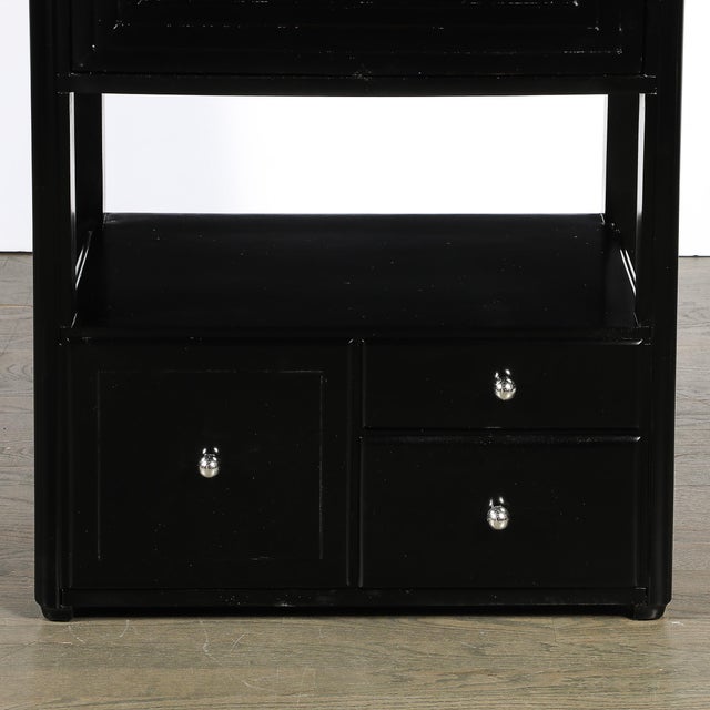 Art Deco Art Deco Machine Age Bar Cabinet in Black Lacquer With Swivel and Drop Doors For Sale - Image 3 of 18