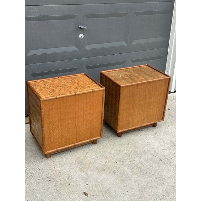 1980s Faux Bamboo and Herringbone Cane Nightstands - A Pair For Sale In Philadelphia - Image 6 of 12