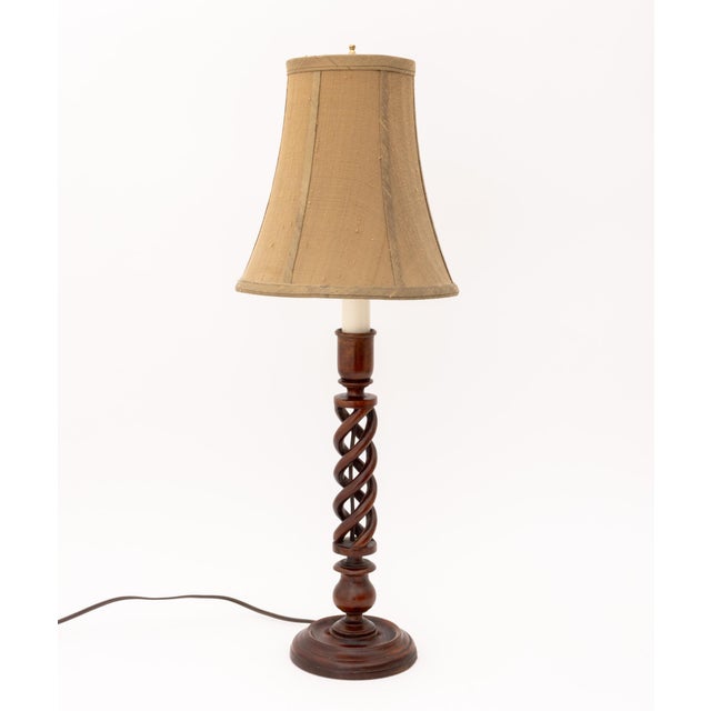 Pair of &nbsp;Jacobean Style Carved Mahogany Double Barley Twist Table Lamps, with deep hex bell form shades on circular...
