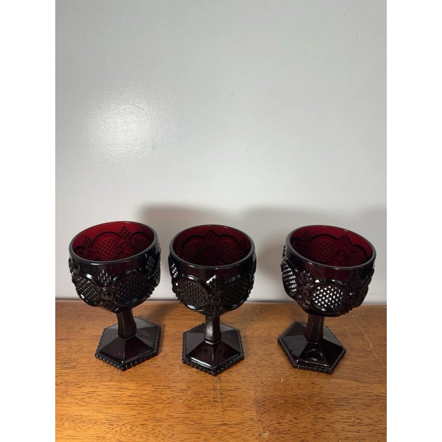 Vintage Ruby Red Pressed Glass Goblets Diamond Pattern Pedestal Stemwar - Set of 3 For Sale In Philadelphia - Image 6 of 18
