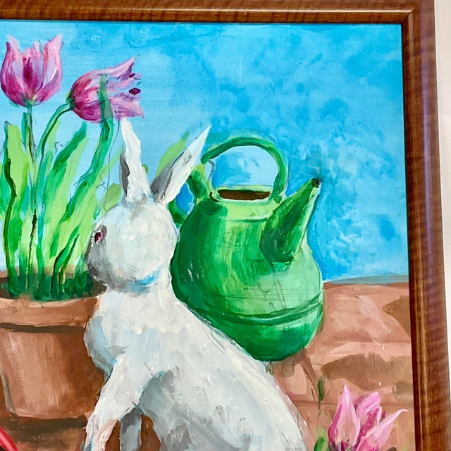 1970s Vintage Impressionist Original Painting Bunnies and Spring Tulips, Artist Signed - Easter. For Sale - Image 6 of 10