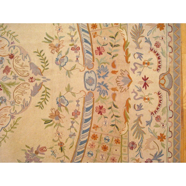 Ivory 1930 Antique Indian Chain Stitch Rug, in Room Size, with Medallion and Flowers For Sale - Image 8 of 11