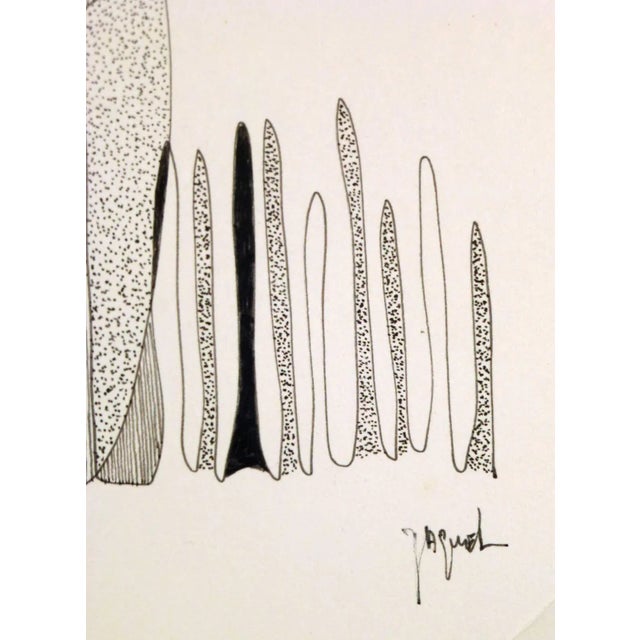 Pen and ink abstract by French artist Jaquel, 1978. Signed lower right. Original artwork on paper displayed on a white mat...