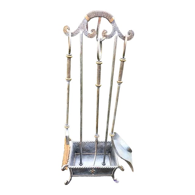 Gold Silver Forged Iron Maitland Smith Style FirePlace Accessory Set Tools 4 Piece For Sale
