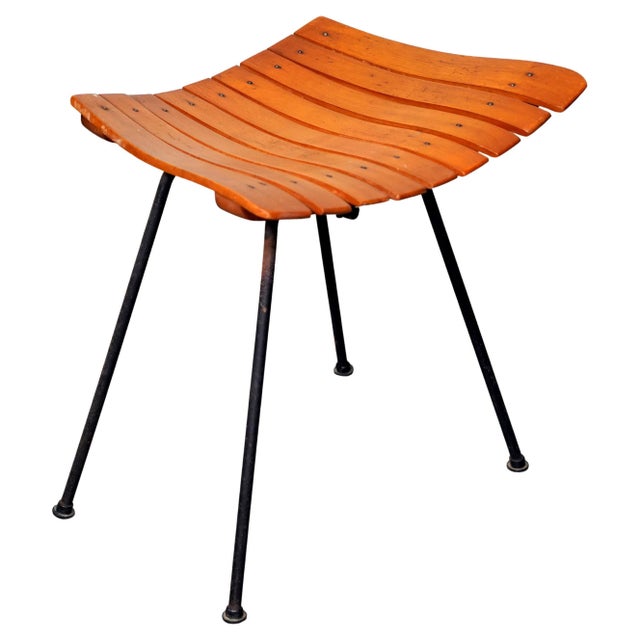 Brown Vintage Arthur Umanoff Style Slatted Wood & Iron Stool Ottoman – Rare Backless Form, 1950s For Sale - Image 8 of 9