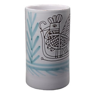 Cylindrical Vase in Glazed Earthenware with Stylized Rooster and Flower by Michel Barbier, Lully, Haute-Savoie, 1970-1986 For Sale