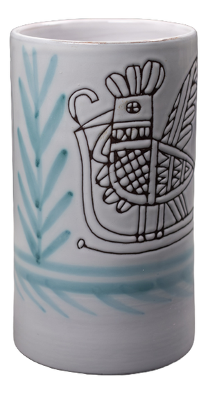 Cylindrical Vase in Glazed Earthenware with Stylized Rooster and Flower by Michel Barbier, Lully, Haute-Savoie, 1970-1986