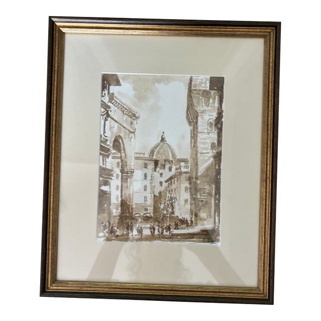 "Firenze" Original Monochromatic Watercolor Painting by Leonardo Locchi, 1999 - Framed For Sale