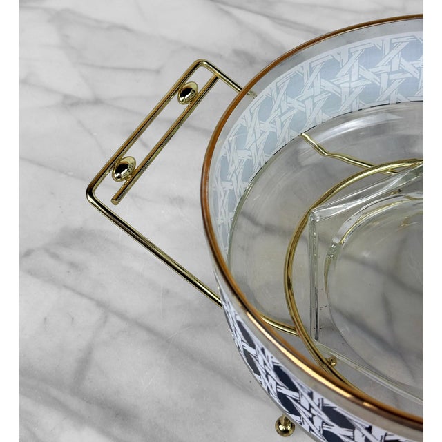 Black Mid-Century Black White Rattan Motif Glass Chip & Dip Serving Bowl Set For Sale - Image 8 of 9