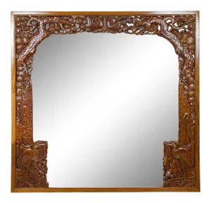 Oversized Antique Chinese Carved Wooden Frame with Birds, Foliage and Tree Limbs