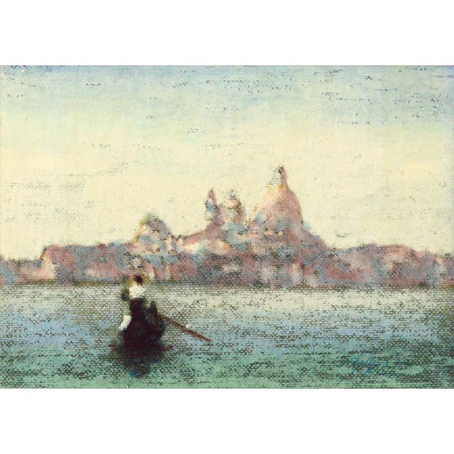 Beautiful figurative landscape of Basilica Santa Maria della Salute in Venice, Italy with a gondola in the foreground by...