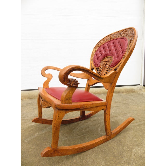 Victorian Antique Carved Oak Green Man Rocking Chair in Red Tufted Leather ~ Northwind Face For Sale - Image 3 of 17