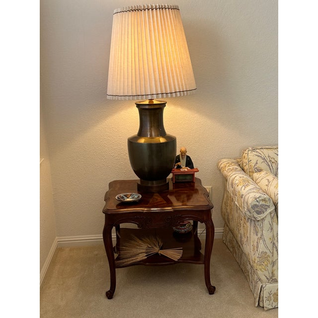 Vintage Mid-Century Modern Hand-Spun Solid Brass Table Lamp With Original Pleated Shade For Sale - Image 4 of 7