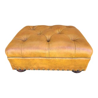 Classic Ralph Lauren Tufted Leather French Nail Head Trim Ottoman For Sale