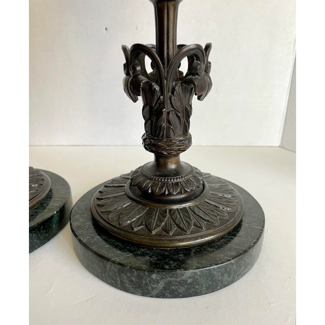Metal Pair of Antique Bronze and Green Marble Mantle Vases For Sale - Image 7 of 10