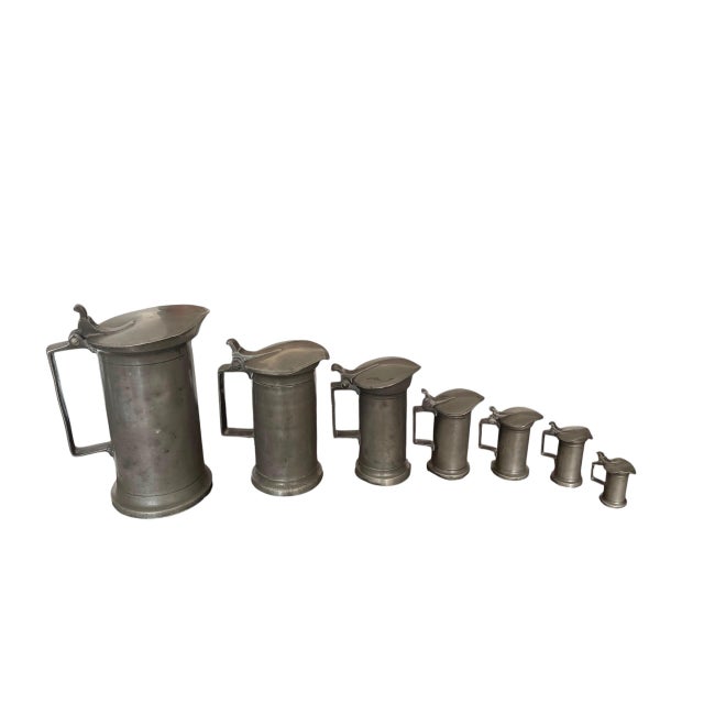 1940s Set of 7 of 19th Century Antique French Pewter Measuring Flagons For Sale - Image 5 of 12