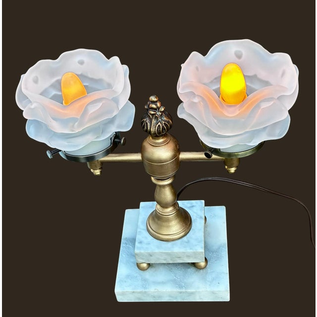 1950s Art Nouveau Style Double Arm Table Lamp With Frosted Floral Shaped Art Glass Shades For Sale - Image 11 of 15