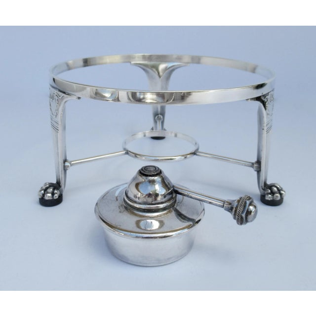 Circa 1970's Silver-Plate Lion Claw-Footed Platform Covered Serving Chapin Dish With Ebony Handle & Heating Element For Sale - Image 11 of 13