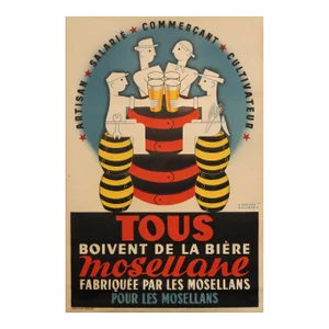 1950 French Art Deco Beer Poster "Tous Boivent De La Biere Mosellane: Fabriquée Par Les Mosellands Pour Les Mosellans" (Blue)