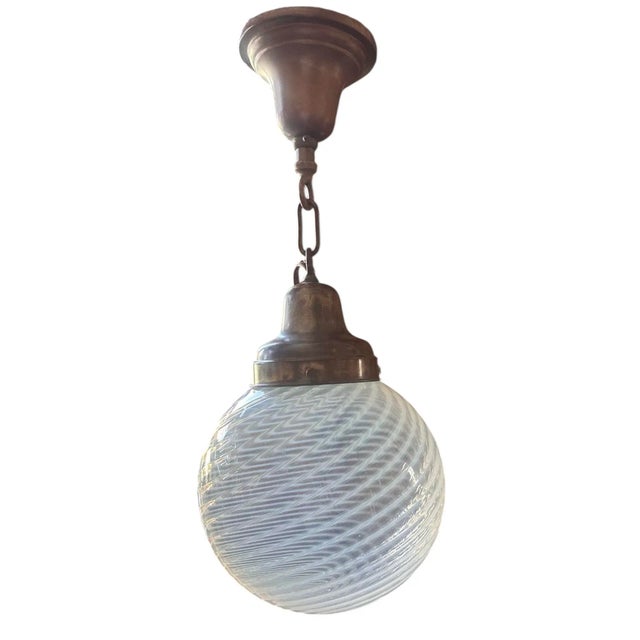 American Phoenix Swirl Art Glass Pendant on Old Brass Holder, Circa 1910 For Sale - Image 3 of 4