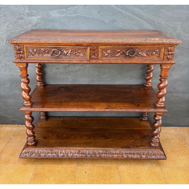 Brown Carved Oak Barley Twist Console Table With Shelves For Sale - Image 8 of 14