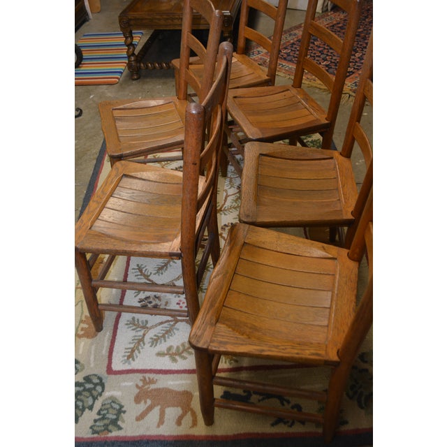 Wood Vintage Set X 6 English Oak Tavern Slatted / Shaped Seat Ladder Back Dining Chairs For Sale - Image 7 of 16