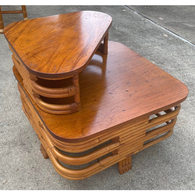 Wood Mid Century Bi- Level Rattan Corner Table For Sale - Image 7 of 10
