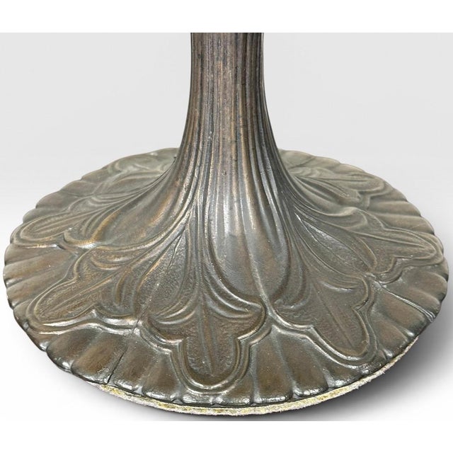 Vintage Tiffany Style Leaded Stained Glass Daffodil Table Lamp With Bronzed Fluted Base For Sale - Image 12 of 14