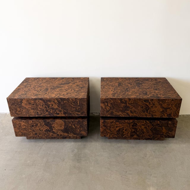 1970s Pair of Vintage Mid Century Modern Burlwood Nightstands 1970s For Sale - Image 5 of 10