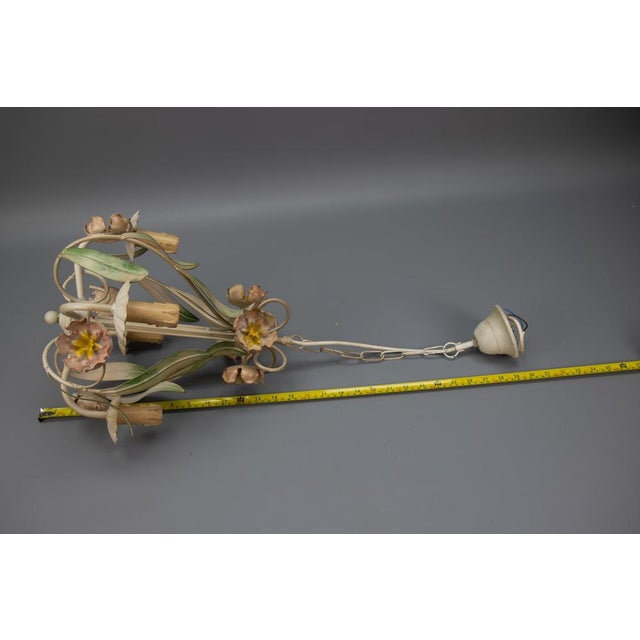 Hollywood Regency Style Floral Painted Metal Four-Light Chandelier, France For Sale - Image 17 of 18