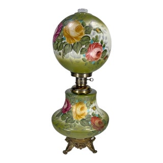 Vintage French Floral Glass Hurricane Table Lamp For Sale