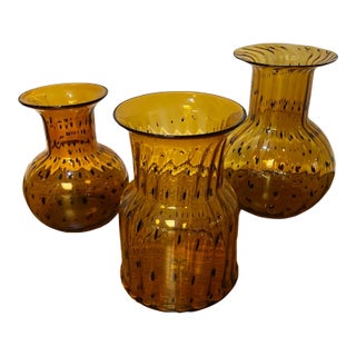 Mid 20th Century Vintage Italian Amber Tortoise Blown Glass Vases- Set of 3 For Sale