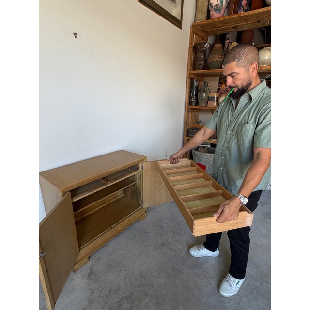 James Mont Attributed Regency Chinoiserie Cerused Oak Cabinet With Silvered Relief Panels For Sale In Miami - Image 6 of 12