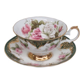 Staffordshire Elizabethan Green Bone China Cabbage Roses Tea Cup & Saucer 4648b For Sale