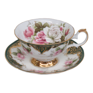 Staffordshire Elizabethan Green Bone China Cabbage Roses Tea Cup & Saucer 4648b
