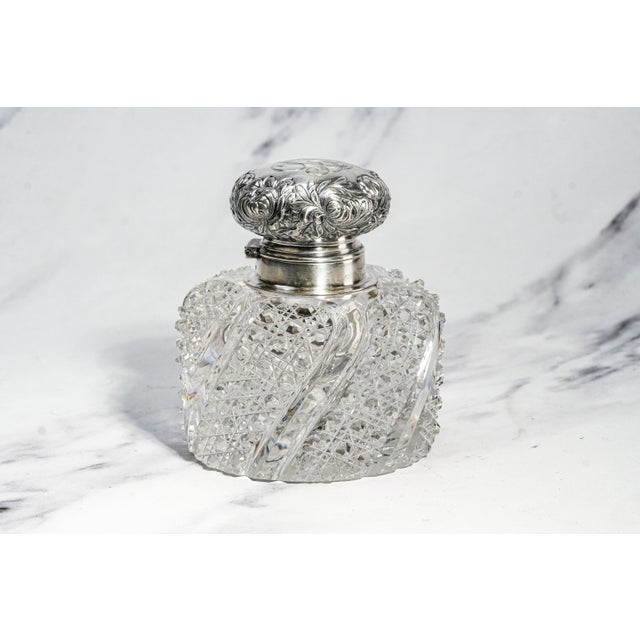 Magnificent Large Paperweight Style Cut Crystal Antique Victorian Sterling Silver Desk Inkwell Home Decor For Sale - Image 13 of 18
