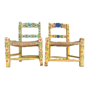 Vintage Mexican Doll's Chairs - Hand Painted With Rush Seats - Mid 20th Century